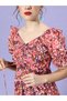 Ruched Floral Print Maxi Dress with Puffed Sleeves - 3