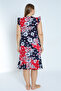 Women's Navy Blue Plus Size Patterned 100% Cotton Pocketed Dress with Ruffled Sleeves and Skirt - 4