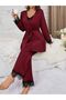 Burgundy 3-Piece Viscose Lace Detailed Women's Pajama Set with Robe - 6