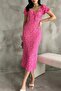 Floral Patterned Slit Watermelon Sleeve Wrap Dress - 3