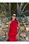 Women's Red Imported Crepe Fabric Rose Detail Lined Design Dress - 2