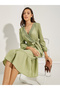 Lace Insert Wrap Front A-Line Midi Dress