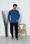 Men's Long Sleeve Six Long Pockets 100% Cotton Three Button Petrol Color Pajama Set - 2