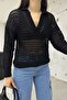 Women's Black Polo Neck Openwork Knitwear Blouse - 2