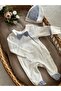 Navy Blue Gingham Fabric Newborn Romper and Hat with Bow Tie Detail - 3
