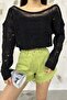 Women's Black Boat Neck Openwork Knitwear Blouse 2454 - 2