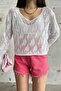 Women's White V-Neck Openwork Knitwear Blouse - 4