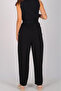 Women's Linen Textured Black Pants with Elastic Waist 50826 - 7