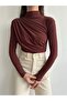 Women's Brown Ruched Detail Mock Neck Sandy Blouse