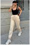 Women's Beige High Waist Thick Fleece Lined 3 Thread Jogger Sweatpants - 3
