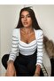 Women's White Black Striped Ribbed Knitwear Sweater - 2