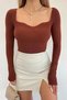 Women's Brown Sweetheart Neckline Ribbed Knitwear Sweater