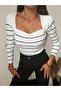 Women's White Black Striped Ribbed Knitwear Sweater