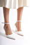 Women's White Leather Back-Strapped Heeled Shoes - 2