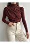 Women's Brown Ruched Detail Mock Neck Sandy Blouse - 3