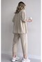 Women's Beige Two-Piece Linen Shirt Pants Top and Bottom Set - 3