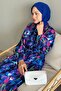 Colorful Flower Patterned Blue Viscose Belt Dress - 3