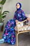 Colorful Flower Patterned Blue Viscose Belt Dress - 4