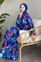Colorful Flower Patterned Blue Viscose Belt Dress