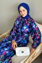 Colorful Flower Patterned Blue Viscose Belt Dress - 2