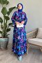 Colorful Flower Patterned Blue Viscose Belt Dress - 5