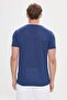 Men's Navy Blue Slim Fit Slim Fit Crew Neck Linen Look T-Shirt - 6