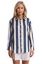 Navy Blue Satin Women's Shirt - Thick Striped and Cream Color - 6