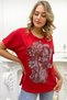 Loose Fit Crystal Stoned Plus Size Crew Neck Cotton Red Women T-shirt