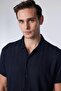 Men's Slim Fit Short Sleeve Knitted Texture Argyle Patterned Summer Navy Blue Shirt - 3