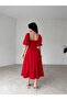 Square Neck Balloon Sleeve Pleated Midi Dress - 3