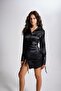 Satin Mini Rhea Dress with Gather Detail on the Skirt, Black - 4