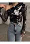 One Shoulder Tulle Detailed Foil Printed Blouse - 4
