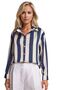Navy Blue Satin Women's Shirt - Thick Striped and Cream Color - 4
