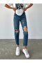 Ripped and Dirty Hem Mom Jeans Dark Blue