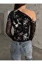 One Shoulder Tulle Detailed Foil Printed Blouse - 6