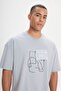 Men's Gray Oversize Loose Cut Crew Neck 100% Cotton Printed T-Shirt - 3