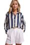 Navy Blue Satin Women's Shirt - Thick Striped and Cream Color - 3