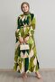 Geometric Pattern Belted Khaki Viscose Dress - 3