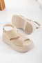 June Wedge Heeled Platform Sole Suede Material Beige Women's Sandals Summer