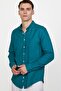 Men's Slim Fit Slim Fit Long Sleeve 100% Cotton Linen Texture Button Collar Petrol Color Shirt
