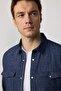 Navy Blue Slim Fit Men's Shirt - Long Sleeve, 100% Cotton Linen, Double Pocket Snap - 2