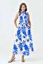 Women's Belted, Side Pocketed , Tie-Neck Detail , Floral Print , Flared Midi Length Dress 3690 - 5