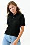 Women's knitted black fabric button-down blouse with braided hair design and short sleeves - style 23070 - 7