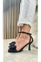 Black Thin Heeled Blunt Toe Bow Evening Dress Shoes - Ankle Tied Serrated Sole 7065 - 4
