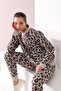 Women's Beige Brown Leopard Patterned Crew Neck Cashmere Knitwear Sweater