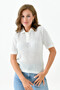 Women's knitted white fabric button-down blouse with braided hair design and short sleeves - style 23070 - 7