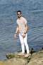A.Beige/White Eyelet Patterned Polo Collar 100% Cotton Men's Knitwear T-Shirt - 2