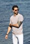 A.Beige/White Eyelet Patterned Polo Collar 100% Cotton Men's Knitwear T-Shirt - 3