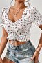 Women's white cherry print ruched blouse - 4