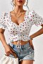 Women's white cherry print ruched blouse
